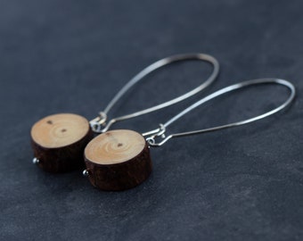 Pine Wood Earrings with Silver Color Hoops. Wooden Treasures made in Latvia by Two Wild Wonderers