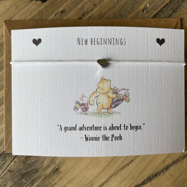 A little Winnie the Pooh quote wish new beginnings farewell string bracelet ‘a grand adventure is about to begin’ leaving / first day gift