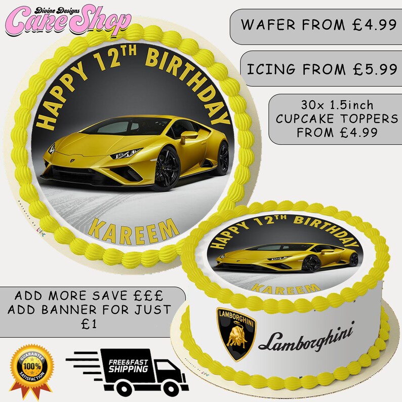 Lamborghini Sport Car Themed Personalised Birthday Edible Cake /& Cupcake topper