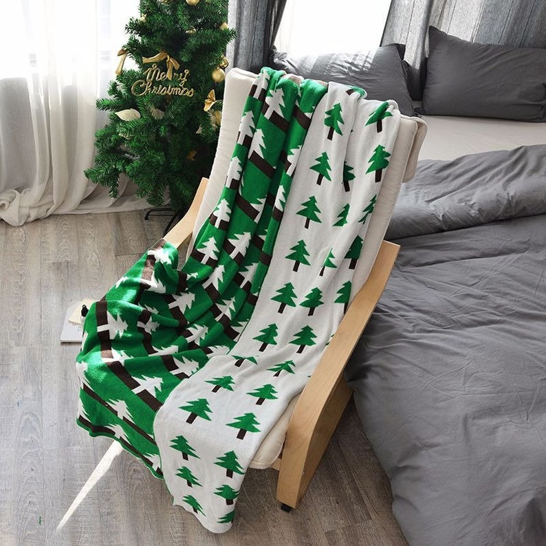 100 Knitted Cotton Christmas Throw Blanket Christmas Tree Etsy