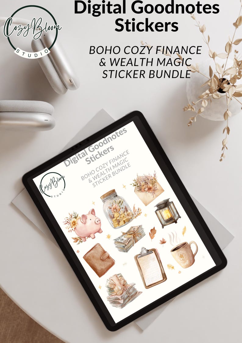 May include: Digital Goodnotes stickers featuring a Boho Cozy Finance & Wealth Magic sticker bundle. The image displays a tablet with various digital stickers, including a piggy bank, money, a jar of coins, and a coffee cup.
