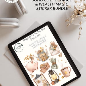 May include: Digital Goodnotes stickers featuring a Boho Cozy Finance & Wealth Magic sticker bundle. The digital stickers include a piggy bank, coins, money, an envelope, a lantern, a mug, and a clipboard. The Cozy Bloom Studio logo is also visible.
