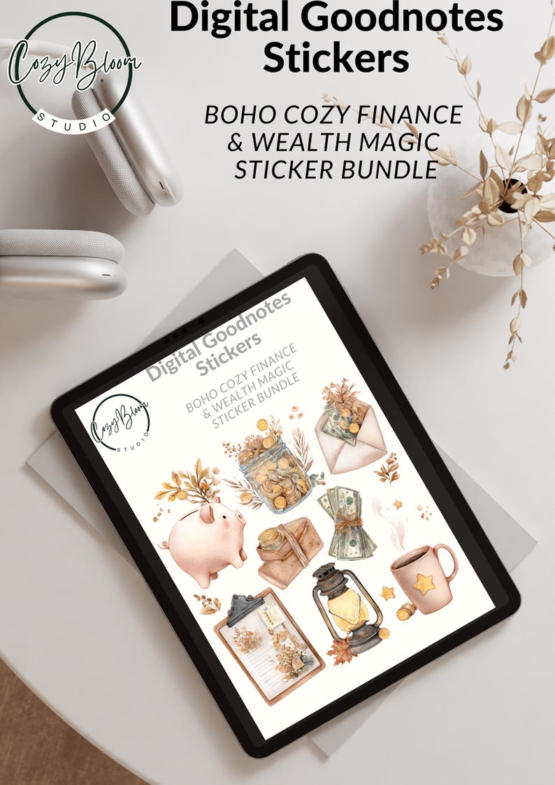 May include: Digital Goodnotes stickers featuring a Boho Cozy Finance & Wealth Magic sticker bundle. The digital stickers include a piggy bank, coins, money, an envelope, a lantern, a mug, and a clipboard. The Cozy Bloom Studio logo is also visible.