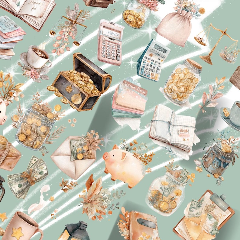 May include: An illustration featuring financial elements like coins, calculators, and a piggy bank. Gold coins fill a treasure chest and glass jars. A scale, books, and a coffee cup are also present, all set against a mint green background with white diagonal stripes.