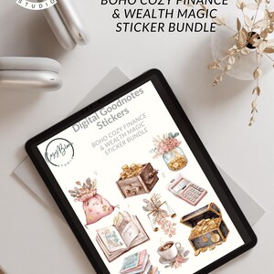 May include: Digital Goodnotes stickers with a Boho Cozy Finance & Wealth Magic theme. The image shows a tablet displaying various digital stickers, including a treasure chest, calculator, and money bag. The Cozy Bloom Studio logo is also visible.