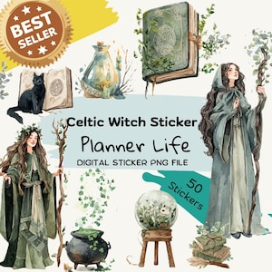 Puede incluir: Conjunto de pegatinas digitales con temática de bruja celta. La imagen presenta ilustraciones de un gato negro, libros de hechizos, botellas de pociones, un caldero y una mujer con una capa con capucha. El texto incluye "Celtic Witch Sticker", "Planner Life" y "50 Stickers".