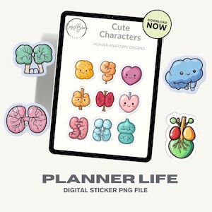 Anatomy Study Stickers: Kawaii Pastel Human Organs, STEM Planner (Digital Download)
