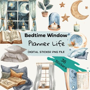 Bedtime Window View Sticker Set – 9 Botanical Cozy Night PNGs per Sheet, Digital Planner Stickers