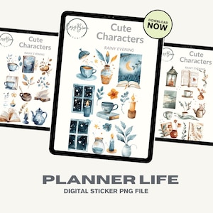 Rainy Evening Sticker Set – Cozy Botanical Night Stickers | Watercolor Digital PNGs for Planners & Journals