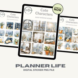 Rainy Window View Watercolor Sticker Set | Cozy Pastel Digital Clipart | 4 Sheets –9 Designs Each | Digital Stickers for Journals & Planners