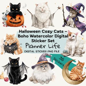 Boho Halloween Cat Stickers: Watercolor Spooky Season Designs (PNG)