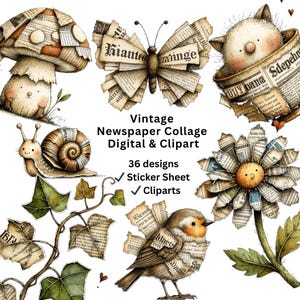 Könnte beinhalten: Eine Sammlung digitaler Cliparts im Vintage-Stil mit skurrilen Kreaturen und Objekten aus Zeitungsausschnitten. Enthält einen Pilz, einen Schmetterling, eine Katze, eine Schnecke, eine Blume und einen Vogel. Der Text lautet "Vintage Newspaper Collage Digital & Clipart".