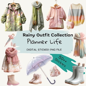 Rainy Outfit Collection – Cozy Pastel Rainwear Digital Sticker Sheet