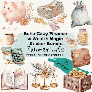 Op de afbeelding: Digitale stickerbundel in aquarel met het thema Boho Cozy Finance & Wealth Magic. Bevat een spaarvarken, geld, een rekenmachine, munten, een mok, een portemonnee en weegschalen. De tekst luidt "Planner Life" en "Digital Sticker PNG File".