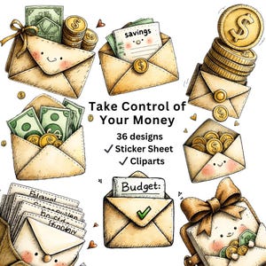 May include: Watercolor illustration of envelopes filled with money, coins, and documents. The image includes text that reads "Take Control of Your Money," "36 designs," "Sticker Sheet," and "Cliparts."