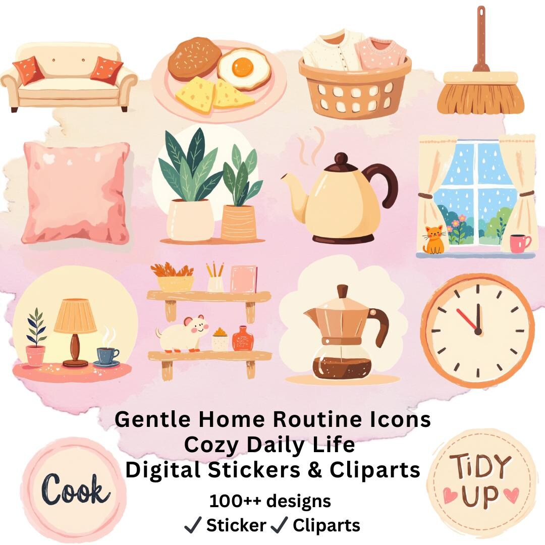 Home Routine Symbol Gentle Home Routine Icons – Cozy Daily Life Digital Stickers & Cliparts ...