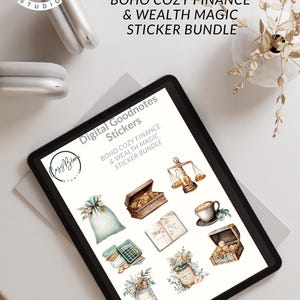 May include: A digital tablet displays a collection of digital stickers. The stickers are themed around finance and wealth, featuring illustrations of scales, treasure chests, and floral arrangements. The text on the screen reads "Digital Goodnotes Stickers".