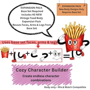 Puede incluir: Ilustración que promociona un paquete de expansión para la creación de personajes. Un recipiente rojo de patatas fritas con una cara saluda. El texto incluye "Expansion Pack" y "Cozy Character Builder". La imagen muestra cómo mezclar y combinar partes del cuerpo.