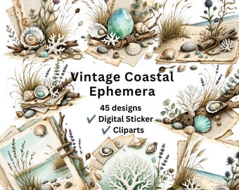 Vintage Coastal Ephemera Clipart & Digital Stickers | Beach Junk Journal PNG