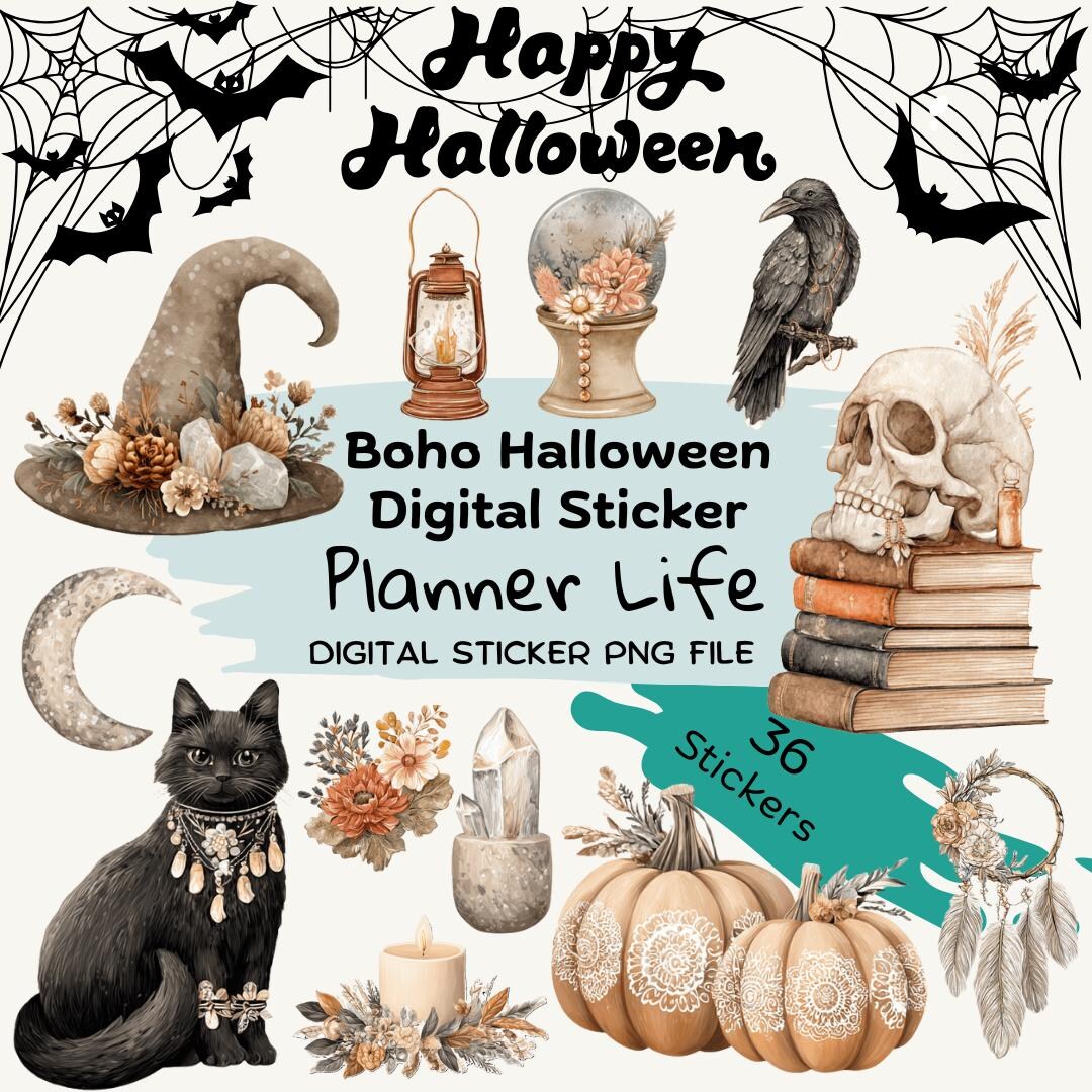 Boho Halloween Digital Sticker Bundle | Cozy Spooky Pastel Stickers for ...