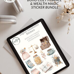 May include: Digital Goodnotes stickers featuring a Boho Cozy Finance & Wealth Magic sticker bundle. The image shows a tablet displaying various watercolor illustrations, including a treasure chest, scales, and a calculator.