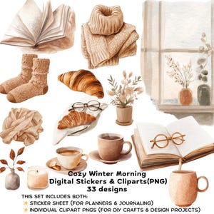 Cozy Winter Morning – Watercolor Digital Stickers & Cliparts(PNG)