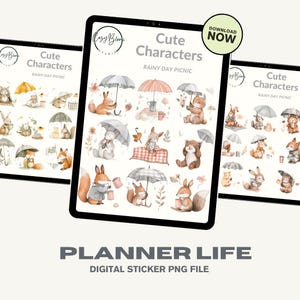 Rainy Day Picnic Watercolor Sticker Set | Cozy Animal Picnic Clipart | 4 Sheets – 9 Designs Each | Pastel Rainy Day Journal Stickers