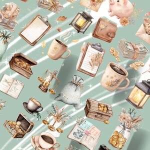 May include: A repeating pattern of watercolor illustrations featuring financial and lifestyle elements. Includes coffee mugs, money, scales, treasure chests, lanterns, and a piggy bank on a light green background.