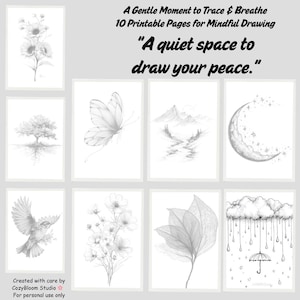 May include: A collection of ten printable pages for mindful drawing, featuring delicate black and white illustrations of nature scenes, including flowers, a butterfly, and a tree. The text reads "A Gentle Moment to Trace & Breathe" and "A quiet space to draw your peace."