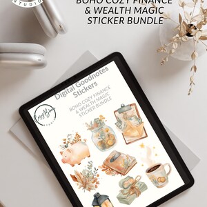 May include: Digital Goodnotes stickers featuring a Boho Cozy Finance & Wealth Magic sticker bundle. The digital stickers include a piggy bank, a jar of coins, a stack of money, a lantern, and a coffee mug. The Cozy Bloom Studio logo is also visible.