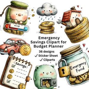 May include: A collection of whimsical clipart illustrations for budgeting and savings. The image includes a thermometer, coins, a car, a house, a notebook, and a jar labeled "Emergency Fund". Text reads "Emergency Savings Clipart for Budget Planner".
