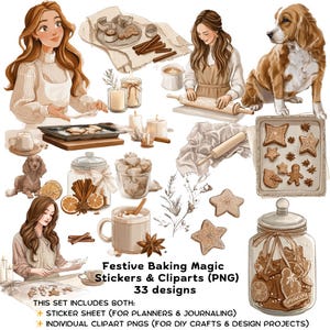 Könnte beinhalten: Eine digitale Kunstsammlung mit dem Titel "Festive Baking Magic" mit Illustrationen von Backwaren. Das Bild enthält Lebkuchen, Zimtstangen, Tassen, Gläser und Illustrationen von Menschen beim Backen. Das Set enthält Aufkleber und Cliparts.