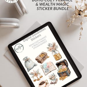 May include: A digital tablet displays a collection of digital stickers with a boho theme. The stickers include illustrations of a money bag, treasure chests, scales, a coffee cup, and a jar filled with coins. The text on the screen reads "Digital Goodnotes Stickers".
