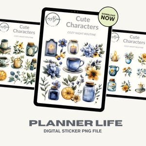 Night Routine Botanical Sticker Set – Cozy Evening Digital Stickers | Soft Watercolor PNGs | Bedtime Rituals for Planners & Journals