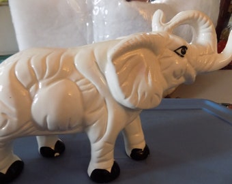 Vintage White Glazed Ceramic Elephant Figurine - Good Luck Trunk Up