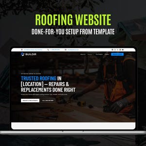 Puede incluir: Una computadora portátil muestra un sitio web de servicios de techado. El sitio web anuncia "ROOFING WEBSITE DONE-FOR-YOU SETUP FROM TEMPLATE." El sitio promueve reparaciones y reemplazos de techos confiables. Un trabajador con chaleco naranja es visible en el fondo.