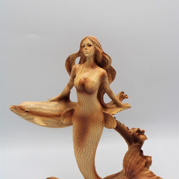 Mermaid Statue Faux Carved Wood Look Figurine Statue Fantasy Gifts New!