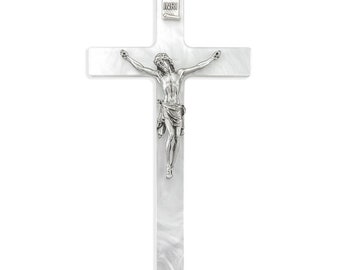 Wall Crucifix 7" Pearlized White Cross with Pewter Corpus Catholic Wall Decor