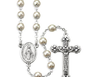 Pearl Rosary Genuine Fresh Water Round Pearl Bead Rosary with Deluxe Crucifix and Center. 18" New