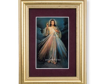 Divine Mercy Print with Burgundy Matted Gold Frame 5-1/4" x 6-3/4"