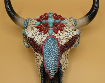 Bull Cow Skull with Floral Lilies & Golden Nailheads Wall Decor Plaque EBR02 Bull Cow Skull with Floral Lilies & Golden Nailheads Wall Decor Plaque EBR02