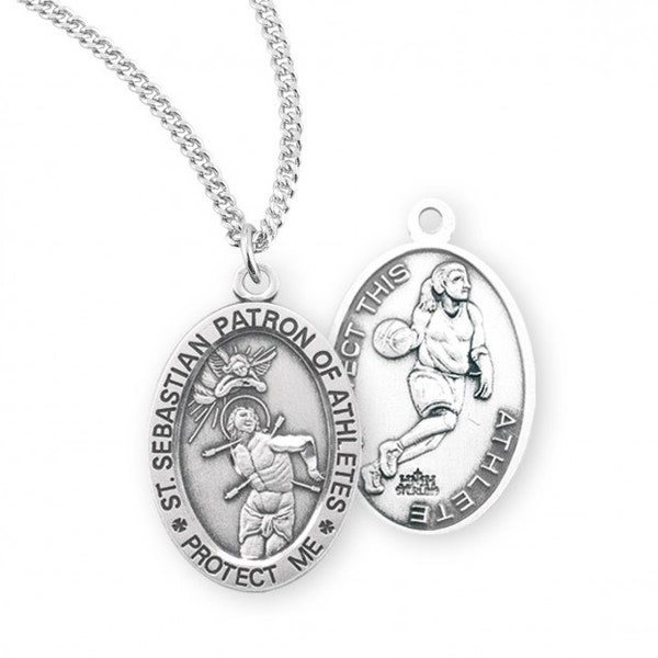 Saint Sebastian Oval Sterling Silver Womens Basketball Athlete Medal Catholic Gifts