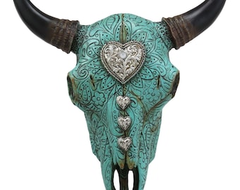 Western Bull Cow Skull Turquoise With Scroll Heart Wall Decor Hand Painted