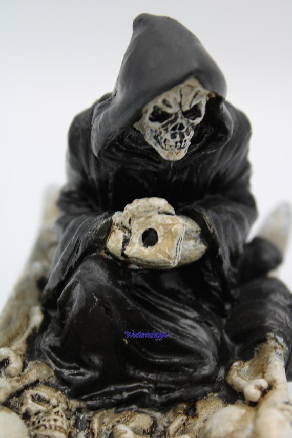 LE Grim Reaper in a Boat of Bones and Skulls Incense Burner Holder in Box 