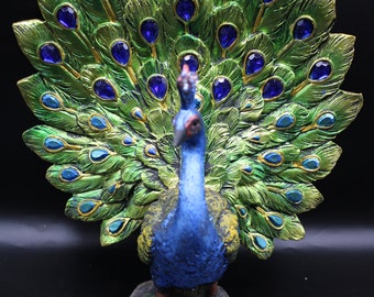 Peacock Hand Made Glass Figurine with long tail feathers wildlife Home Decor Peacock Hand Made Glass Figurine with long tail feathers wildlife Home Decor