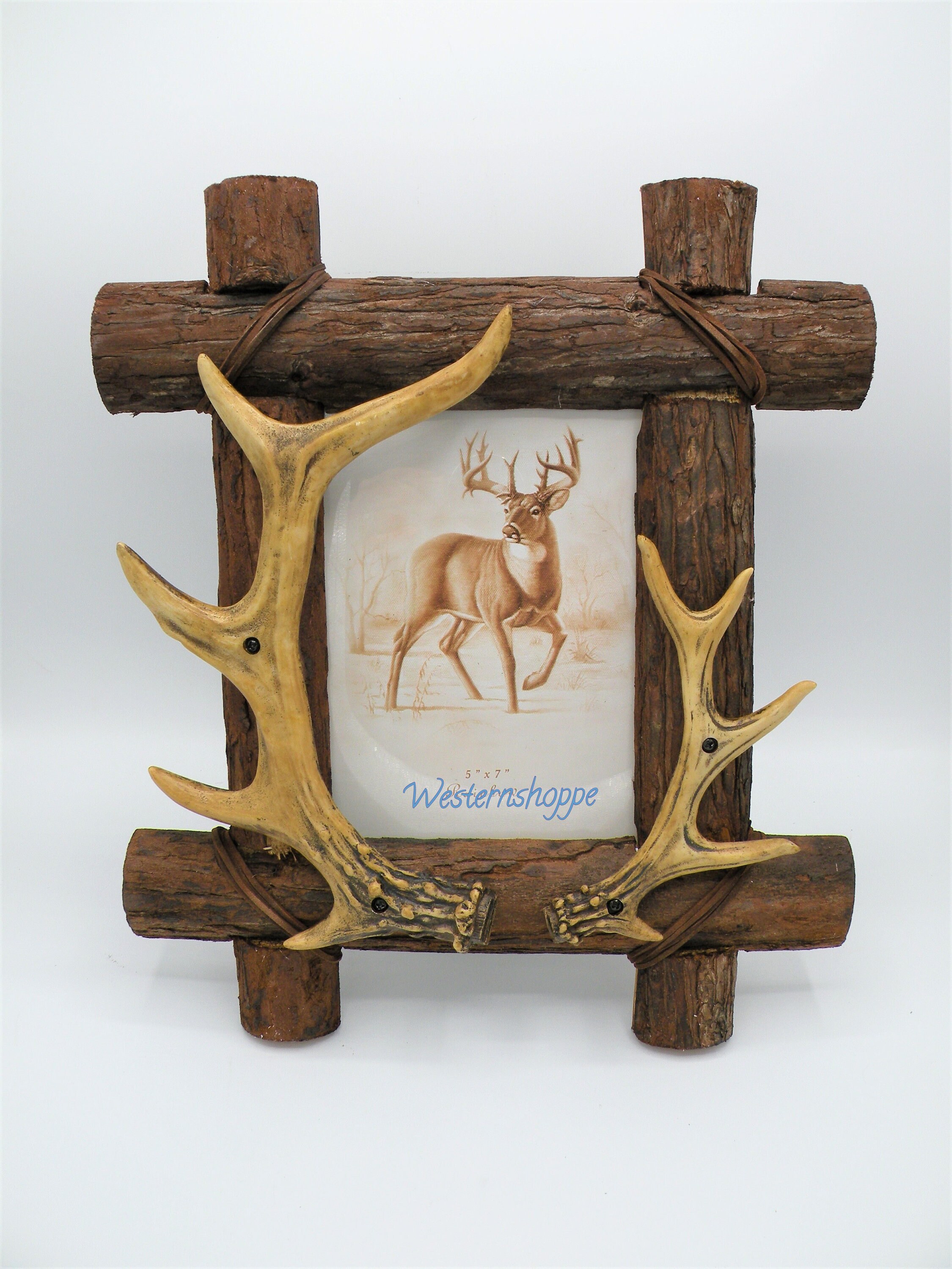 Buck Deer Antler Picture Frame Holds 5 X 7 Hand Painted Cabin Etsy