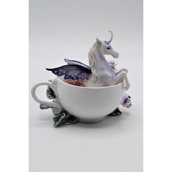 Unicorn Adorable Enchanted Teacup Unicorn with Purple Flowers Fantasy Decor New