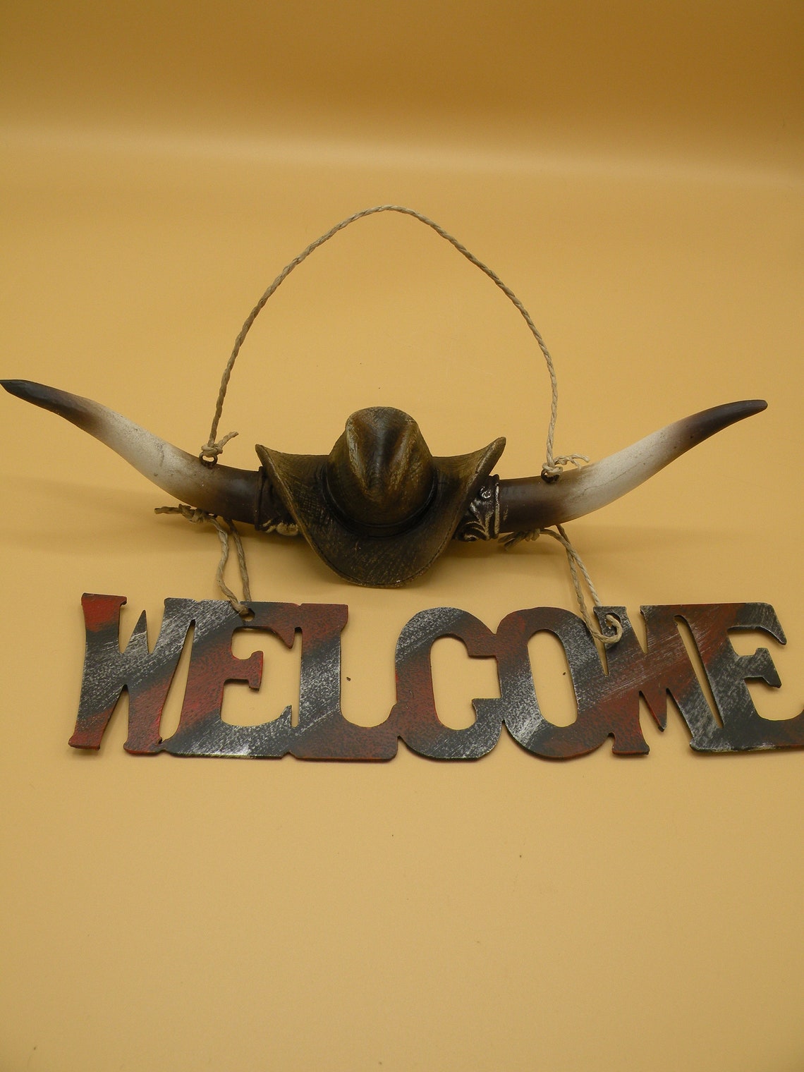 Western Bull Horns Cowboy Hat Welcome Plaque Wall Decor | Etsy