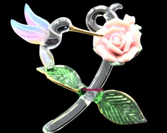 Spun Glass Hummingbird Mini Rose With Pink Porcelain Flower Hand