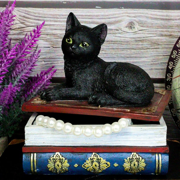 Halloween Black Cat Sitting On Book Of Spells Halloween Decorative Jewelry Box